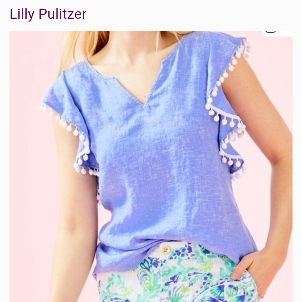 Lilly Pulitzer Light Blue Blouse with Pom-Pom Details